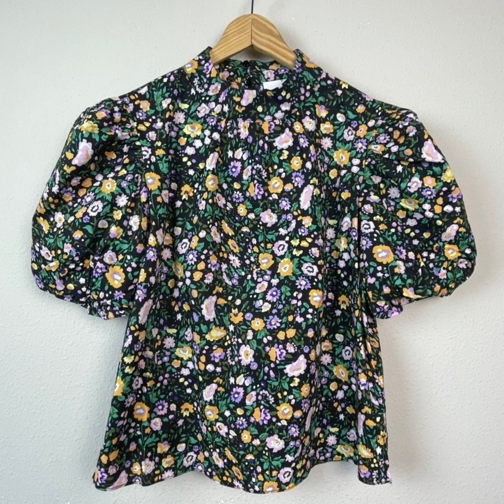 Hyacinth House Tuckernuck Ditsy Floral Puff Sleeve Top Women Size XS Black Boho